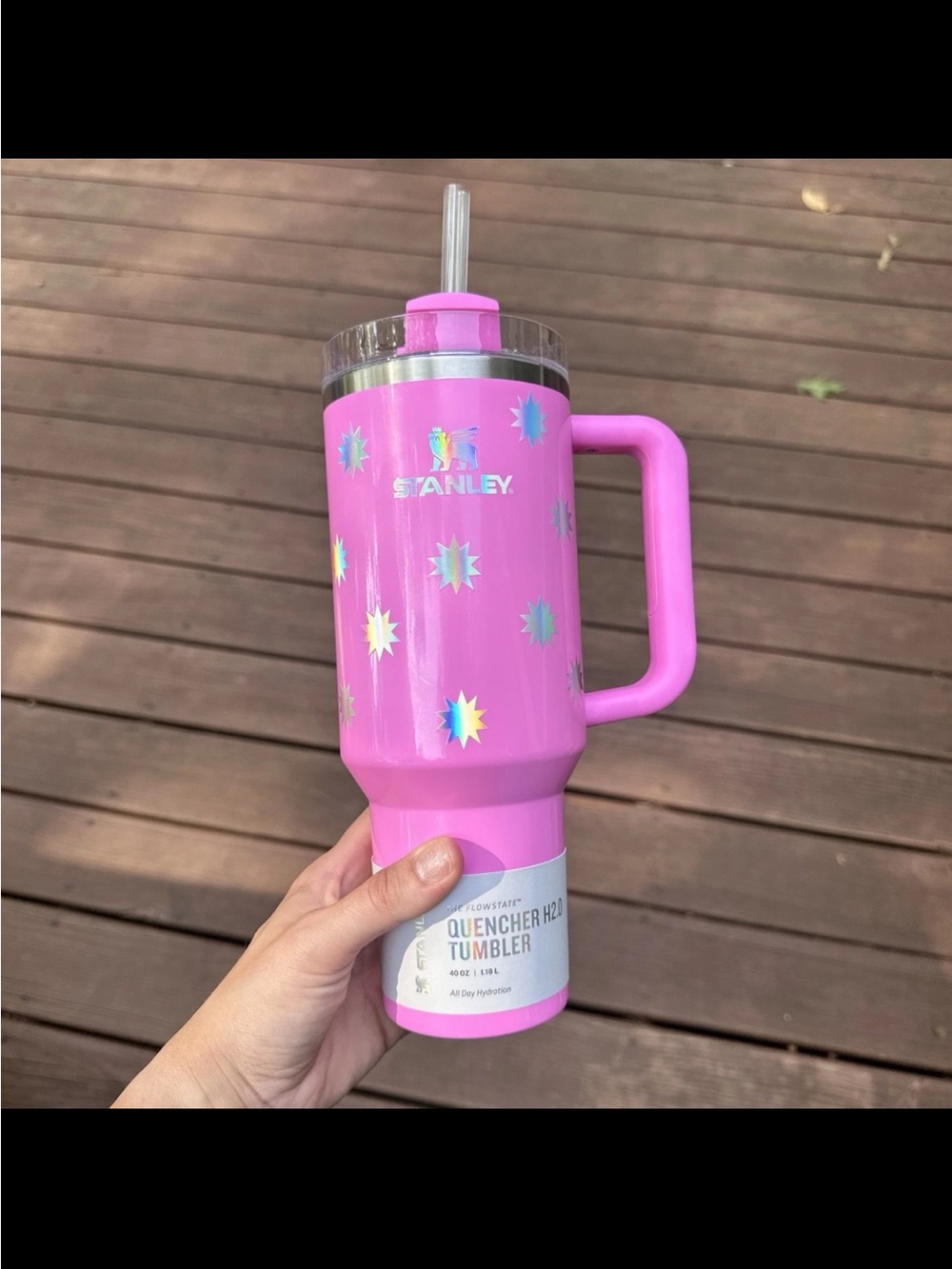 New Stanley 40 oz Stainless H2.0 Flowstate Quencher Tumbler Cup Pink Starburst